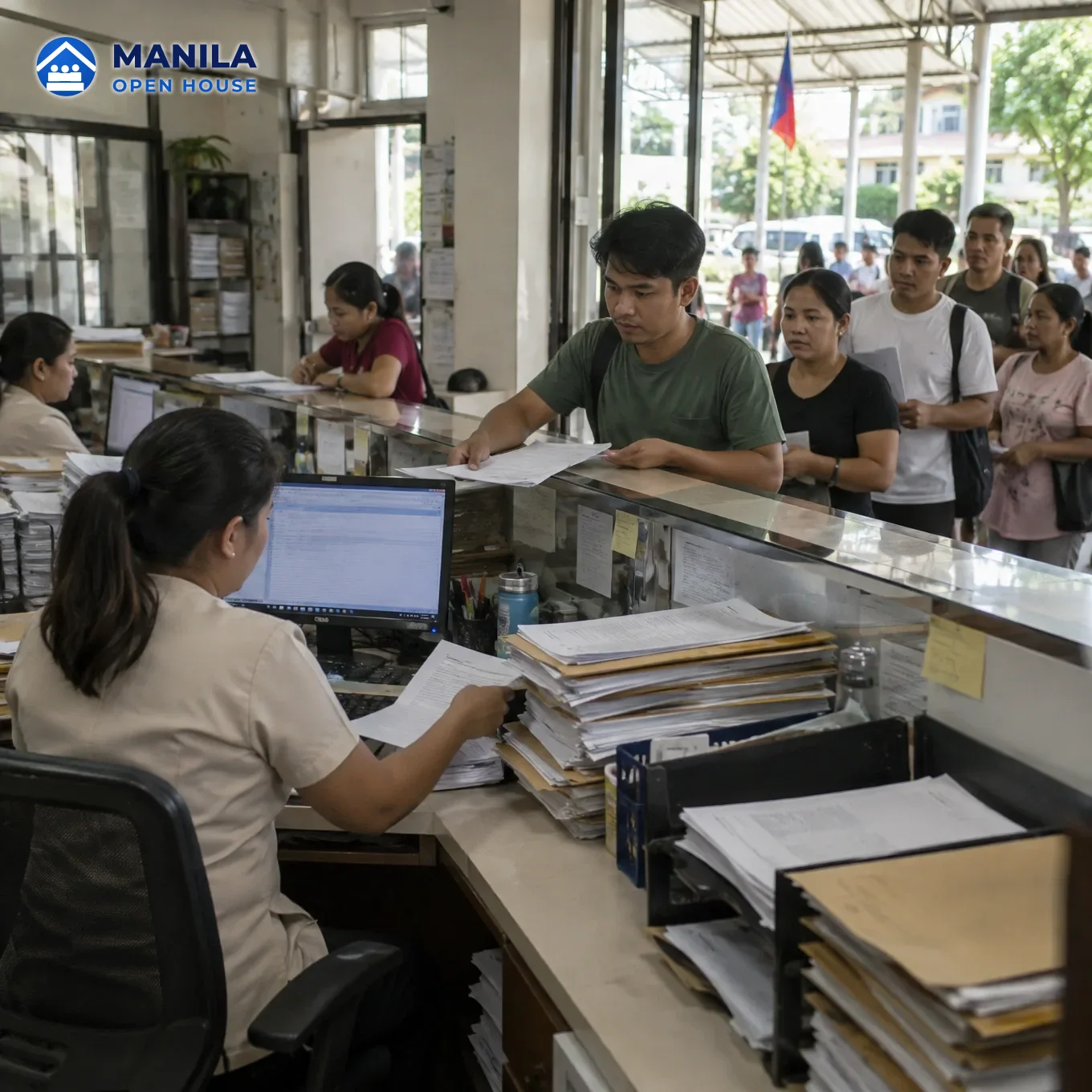 A government records office counter with folders, a computer and people queueing