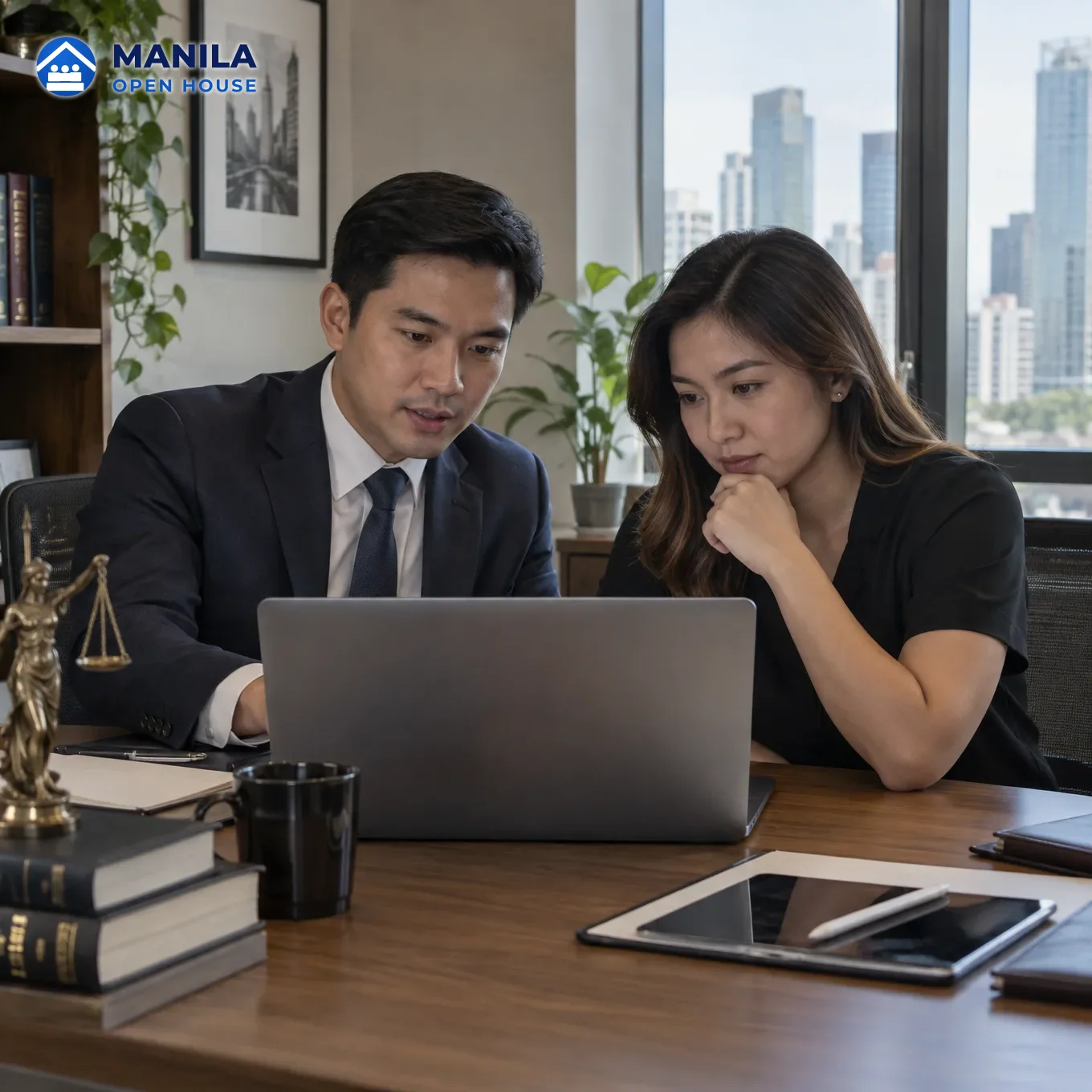 A lawyer and a client side by side looking at the same laptop in a Makati office