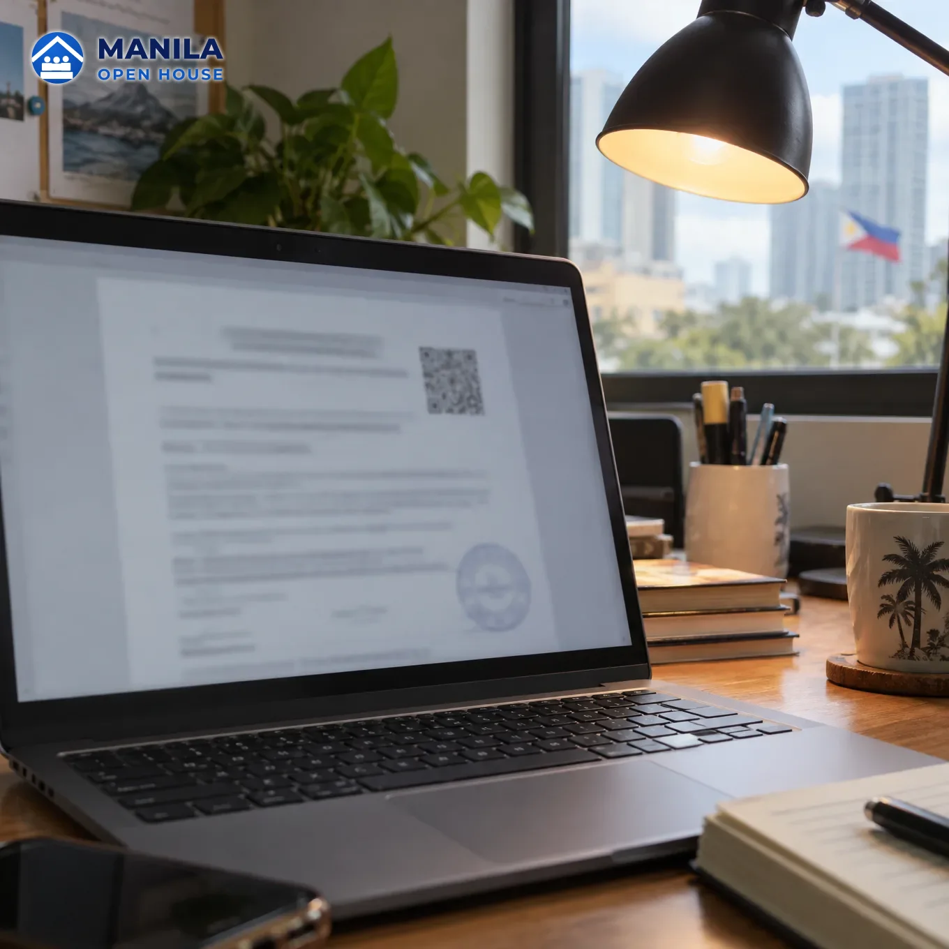 A laptop screen with a blurred document page, a small QR-like mark and a circular stamp shape