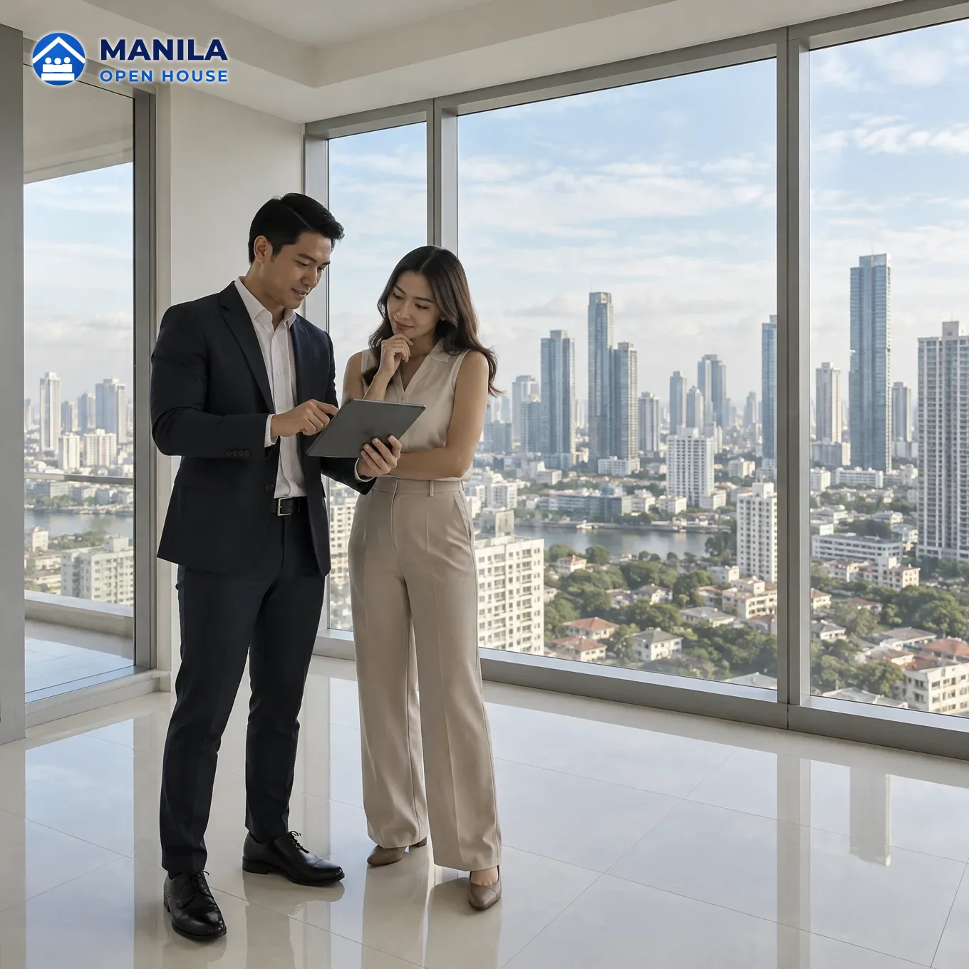 A real estate broker and a client reviewing a tablet in an empty condo unit