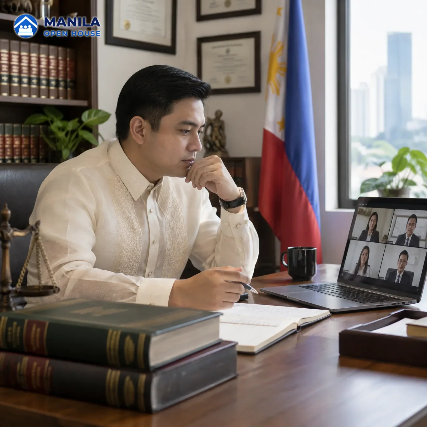 A Filipino lawyer in a barong at a desk facing a laptop video call