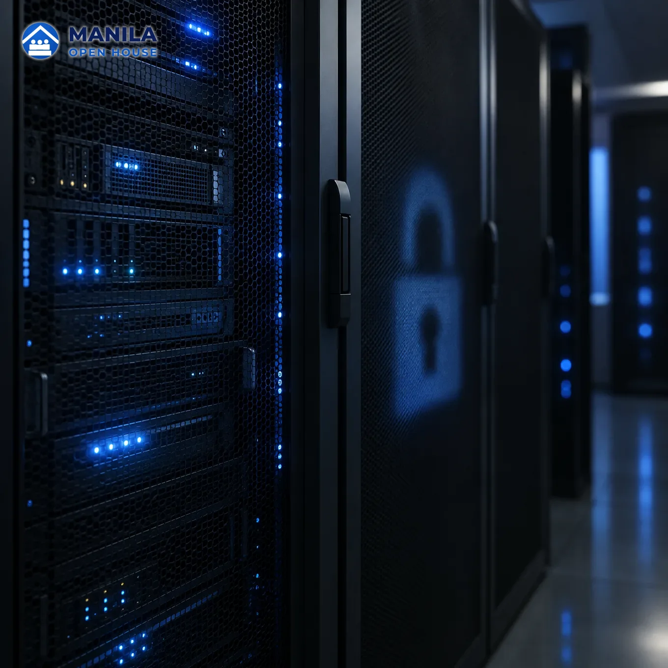A dimly lit server rack with soft blue LEDs and a padlock-shaped reflection