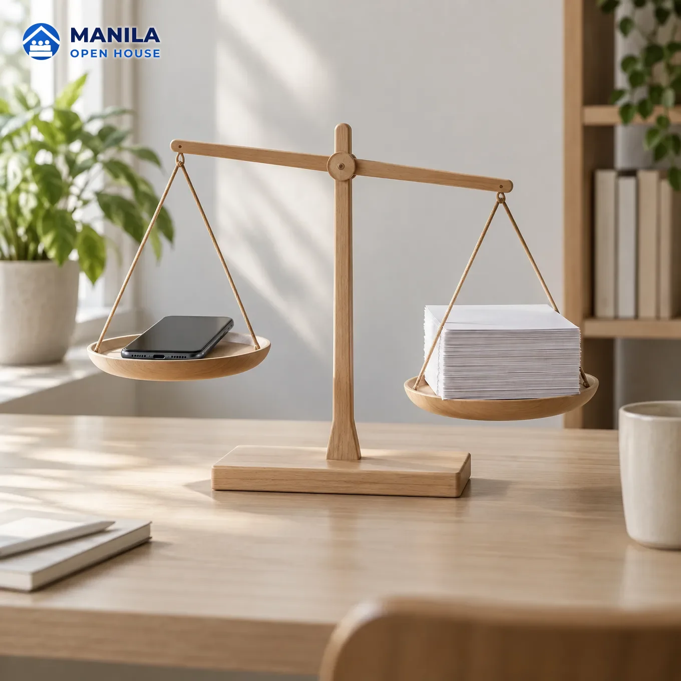 A light-wood balance scale with a phone on one pan and a stack of paper on the other