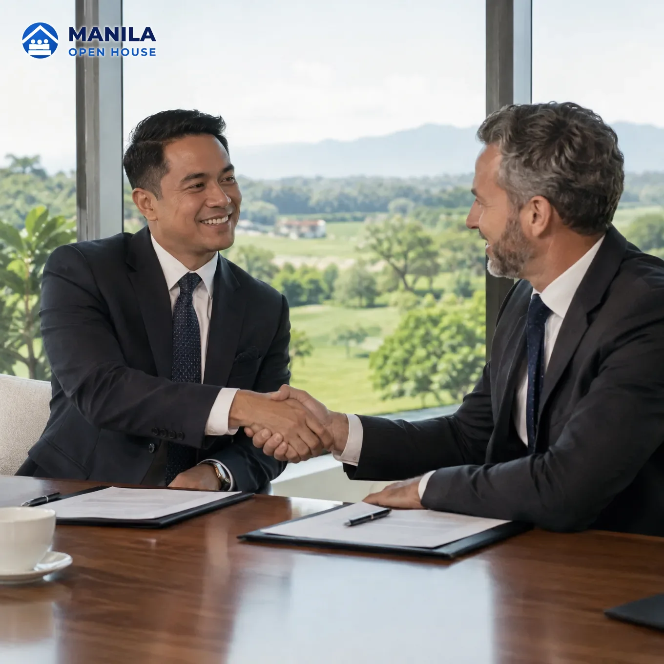 Two businessmen in suits shaking hands across a table with green hills in the window