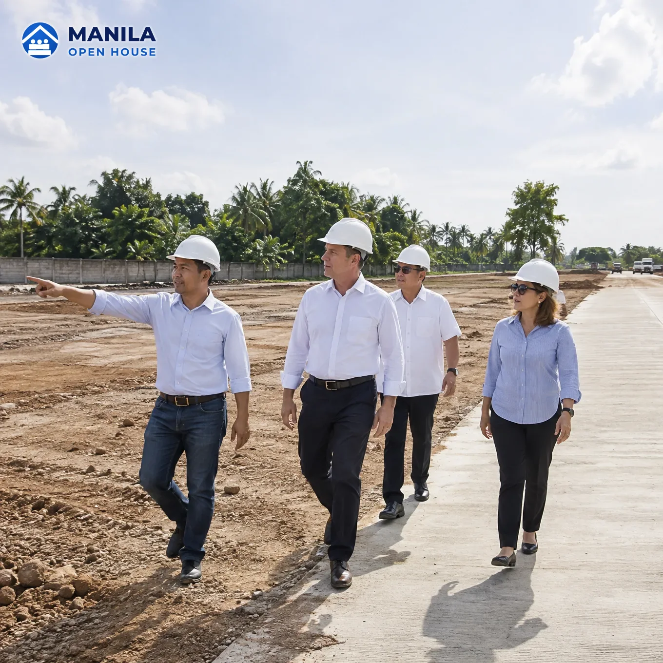 Four people in hard hats walking along a concrete road beside cleared land