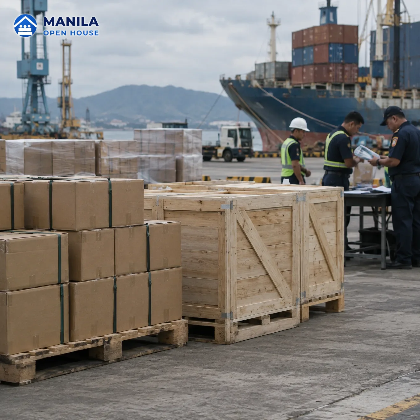 Wooden export crates and cartons stacked on pallets at a Philippine port, with a container ship and port workers behind