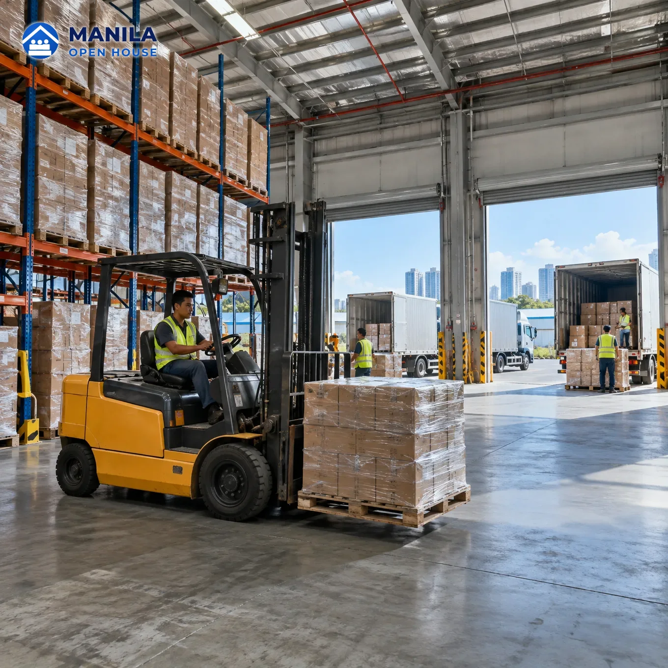 A forklift moving pallets inside a large warehouse with open loading docks