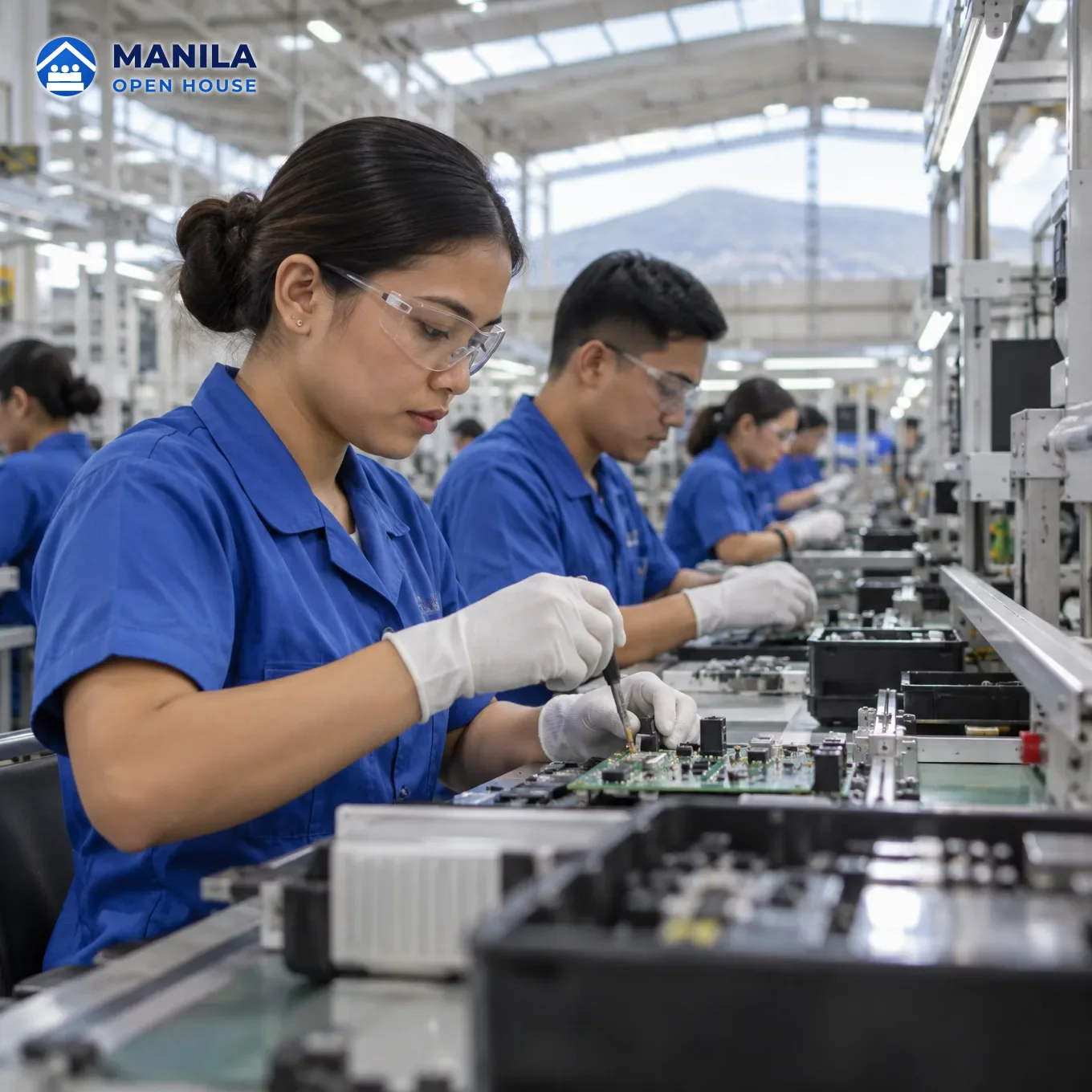 Workers in blue uniforms assembling electronic components on a bright factory line