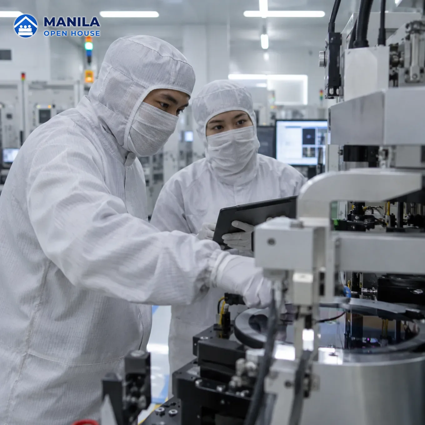 Two technicians in cleanroom suits working at precision equipment