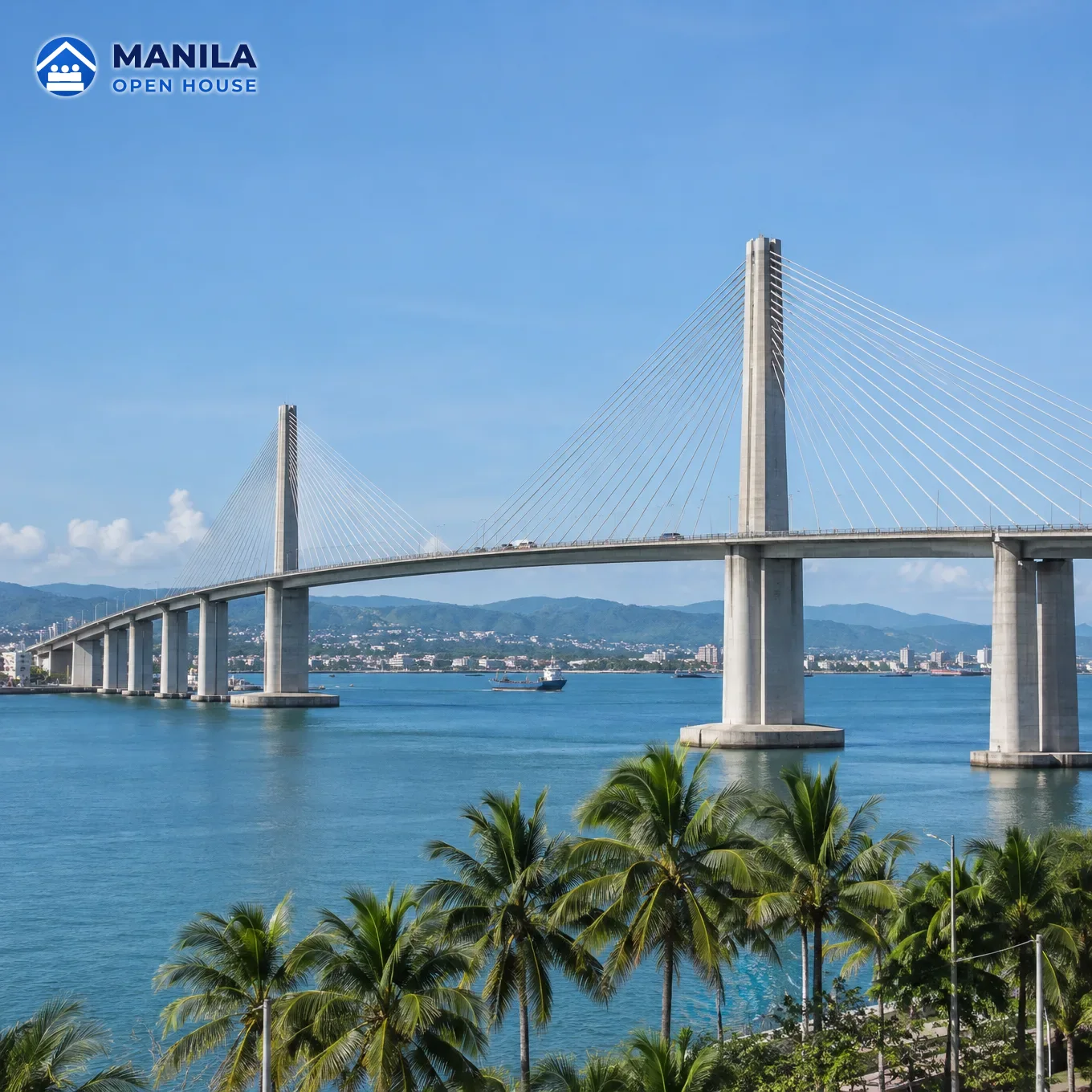 A cable-stayed bridge across a bay with palm trees in the foreground