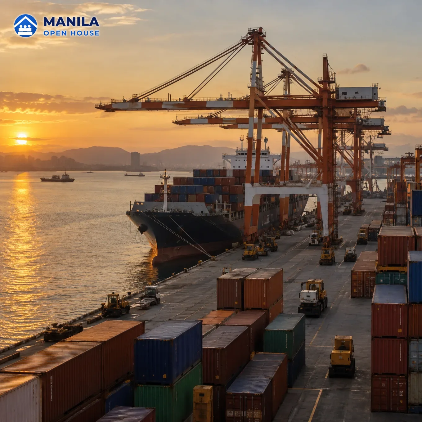 Container port cranes and stacked containers at sunset beside the sea