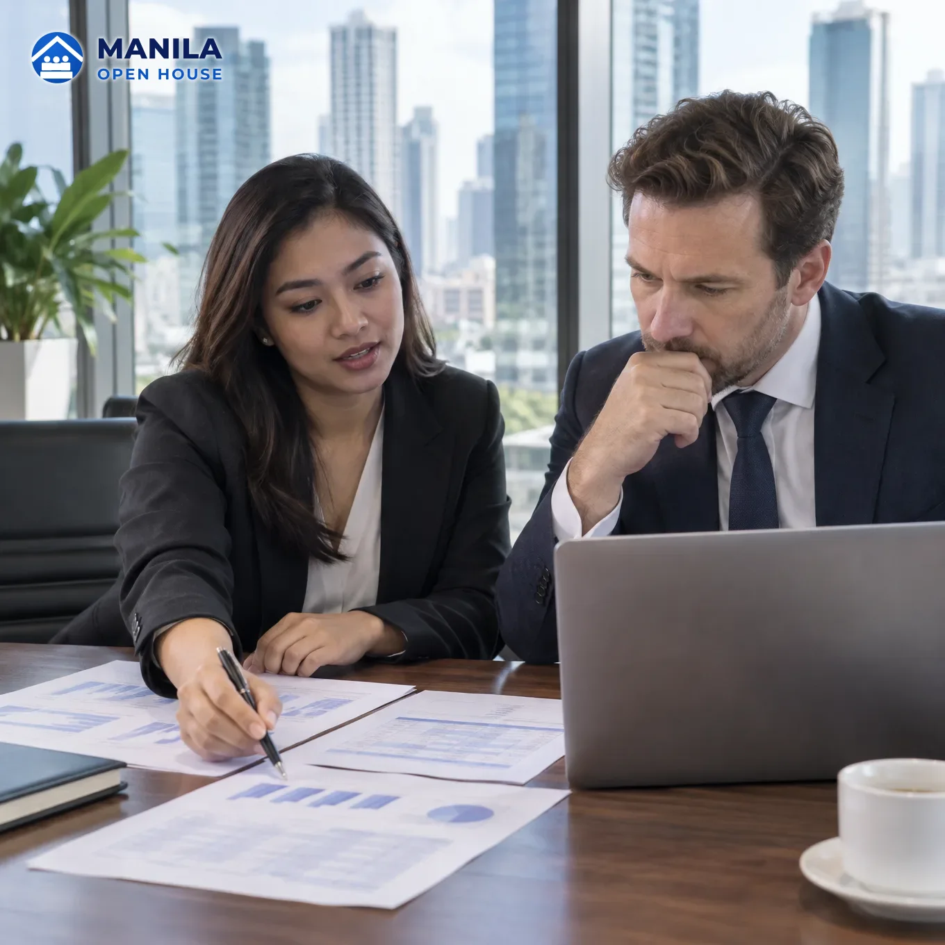 A woman and a man reviewing financial documents and a laptop in a city office