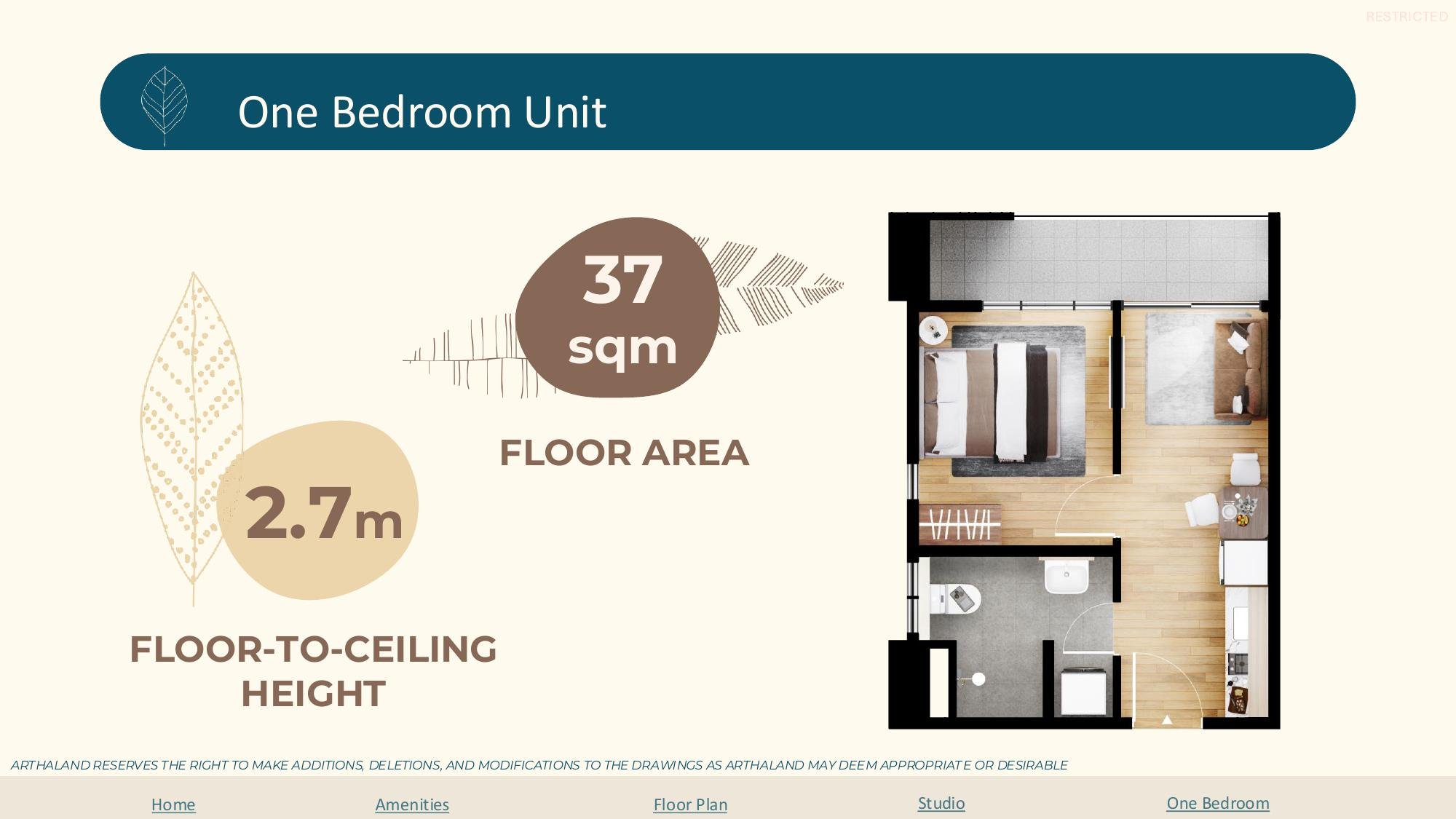 One bedroom unit floor plan, 37 sqm