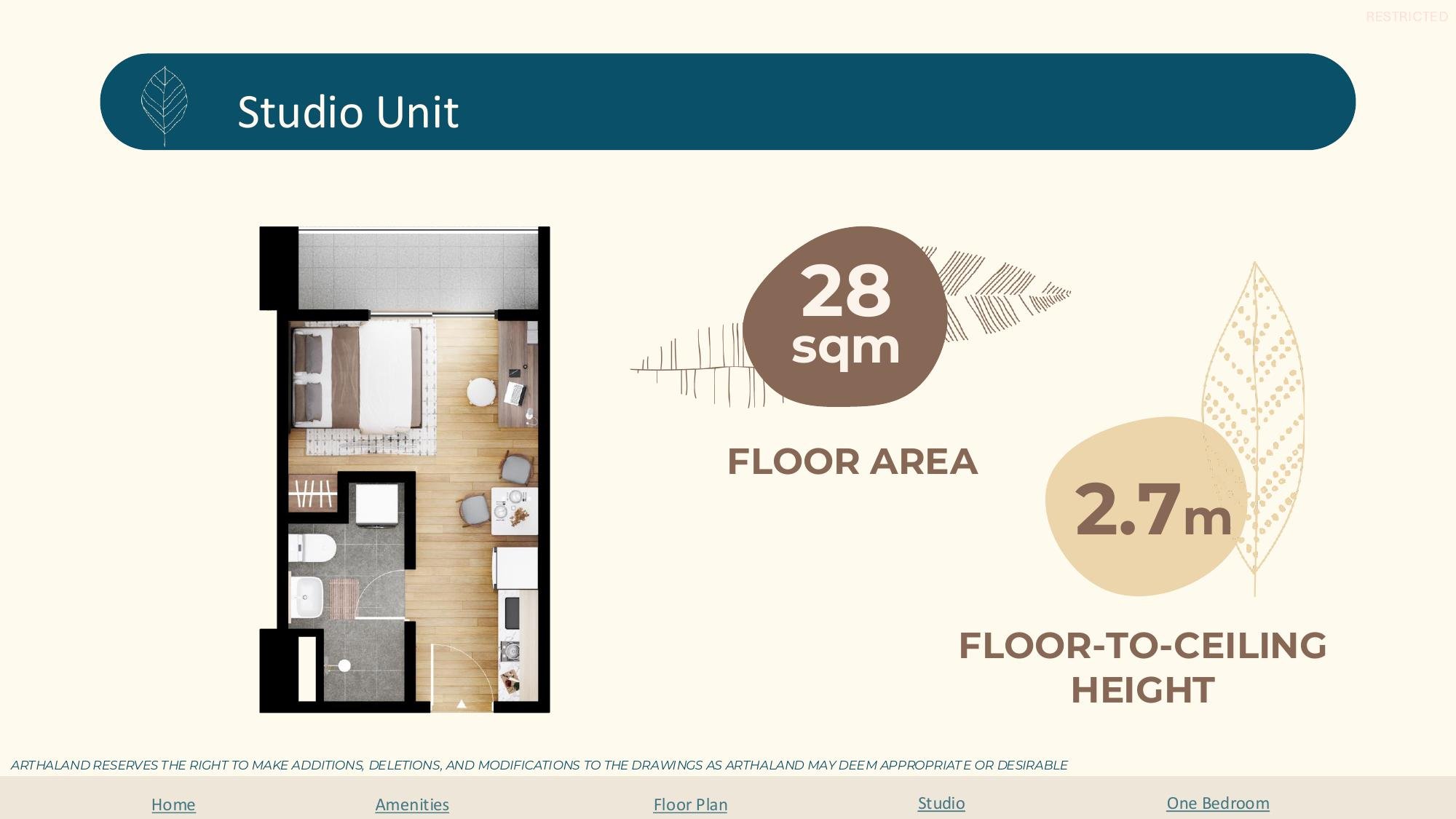 Studio unit floor plan, 28 sqm