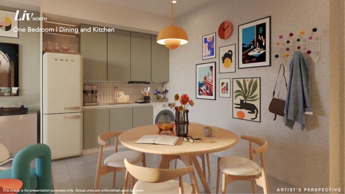 Liv North one bedroom unit dining and kitchen render