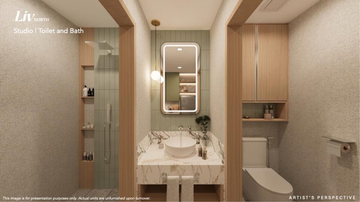 Liv North studio unit toilet and bath render