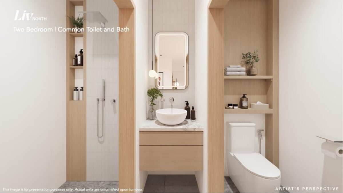 Liv North two bedroom unit common toilet and bath render