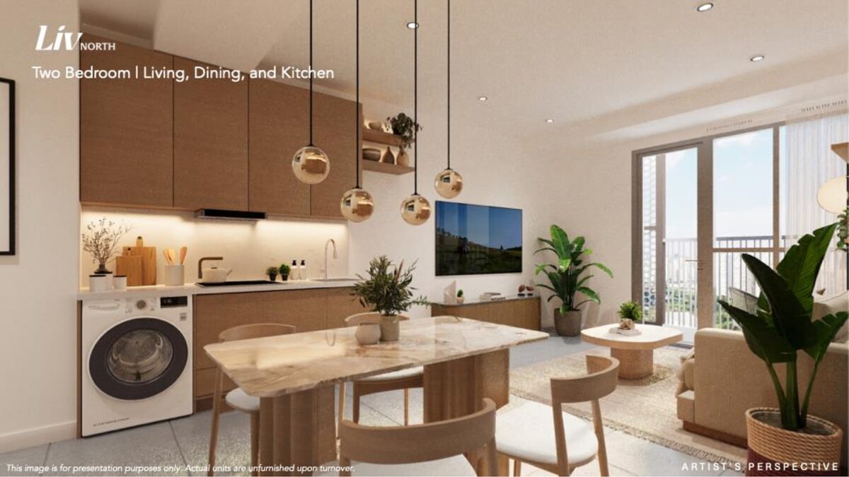 Liv North two bedroom unit living dining and kitchen render