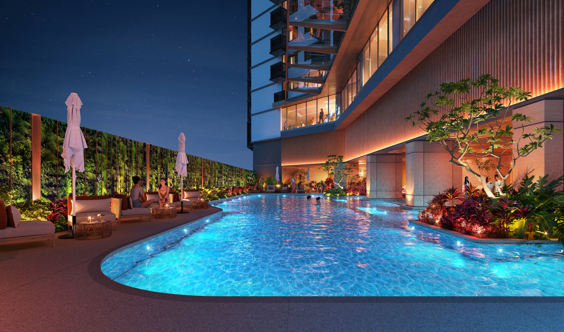Laya outdoor pool render, nighttime