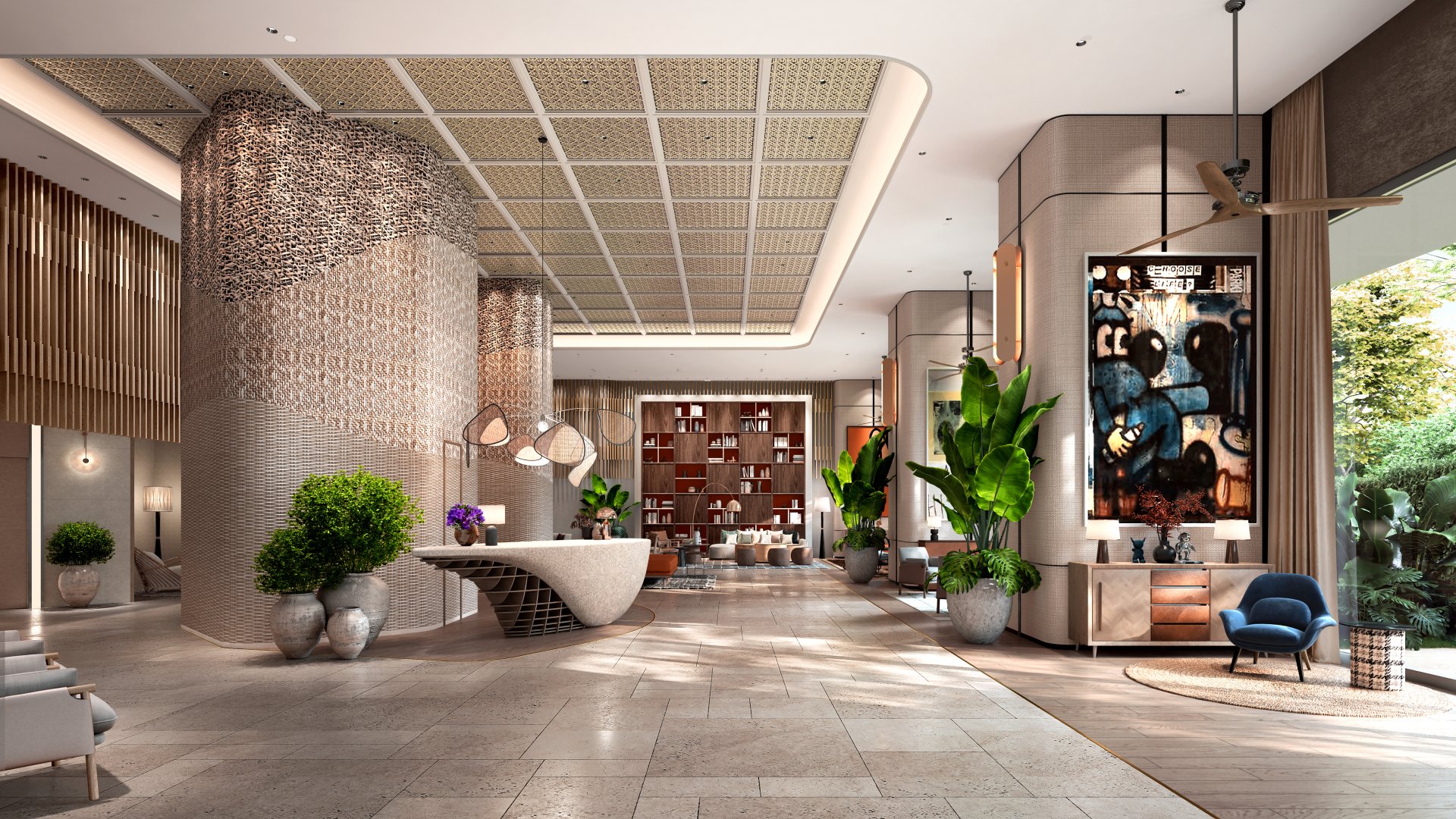 Laya grand double-height lobby render