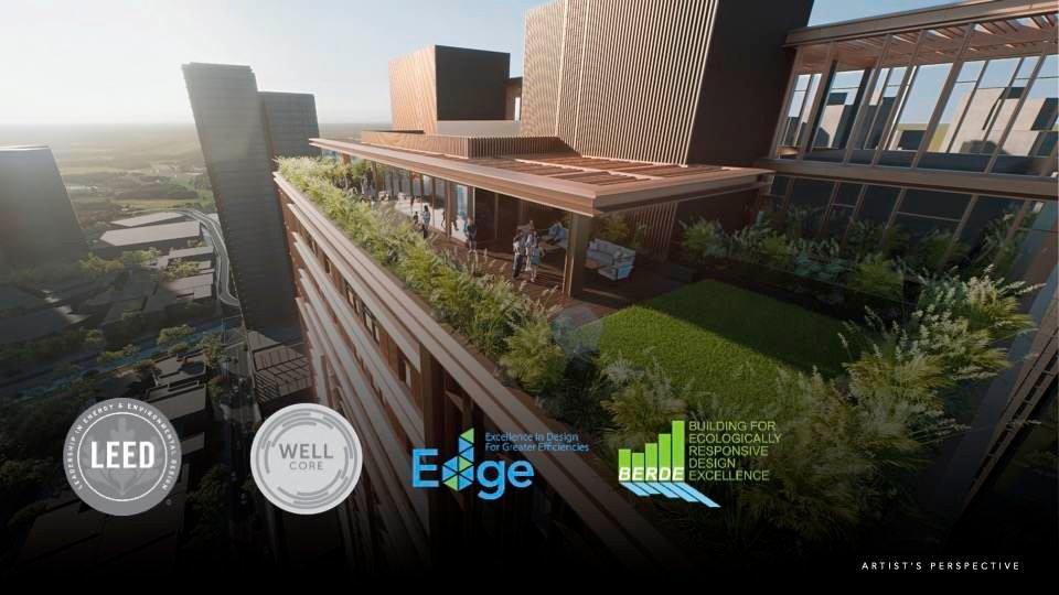 Sondris rooftop terrace featuring LEED, WELL, EDGE, and BERDE certification logos